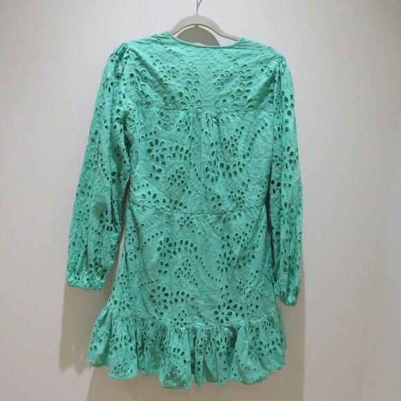 KAREN MILLEN Cotton Broderie Wrap Mini Dress in Mint Green Feminine Preppy Sz 8 - Picture 10 of 14